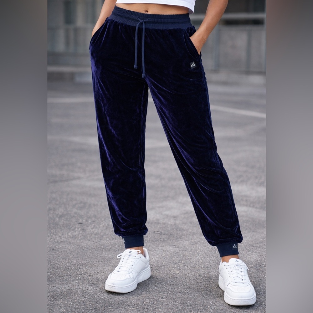 Y2K Unisex Navy Velvet Jogger Pants | Back Logo | Size S